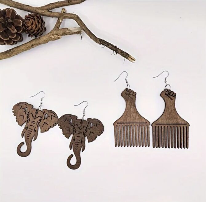 2 in 1 African wooden Comb/Elephant Earrings - Image 4