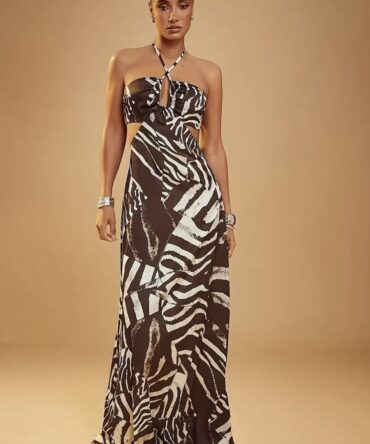 Zebra Strut Halter Maxi Dress
