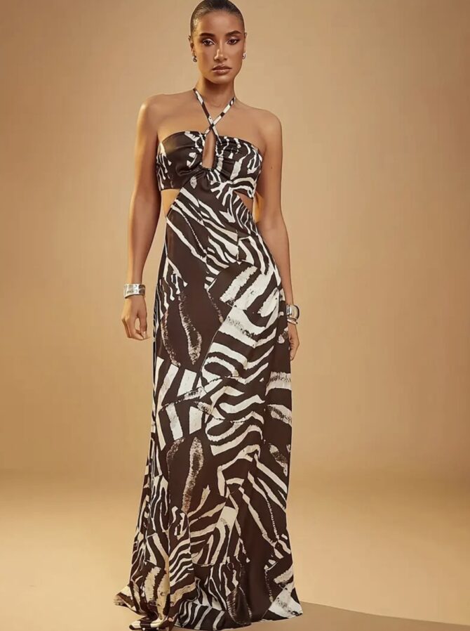 Zebra Strut Halter Maxi Dress